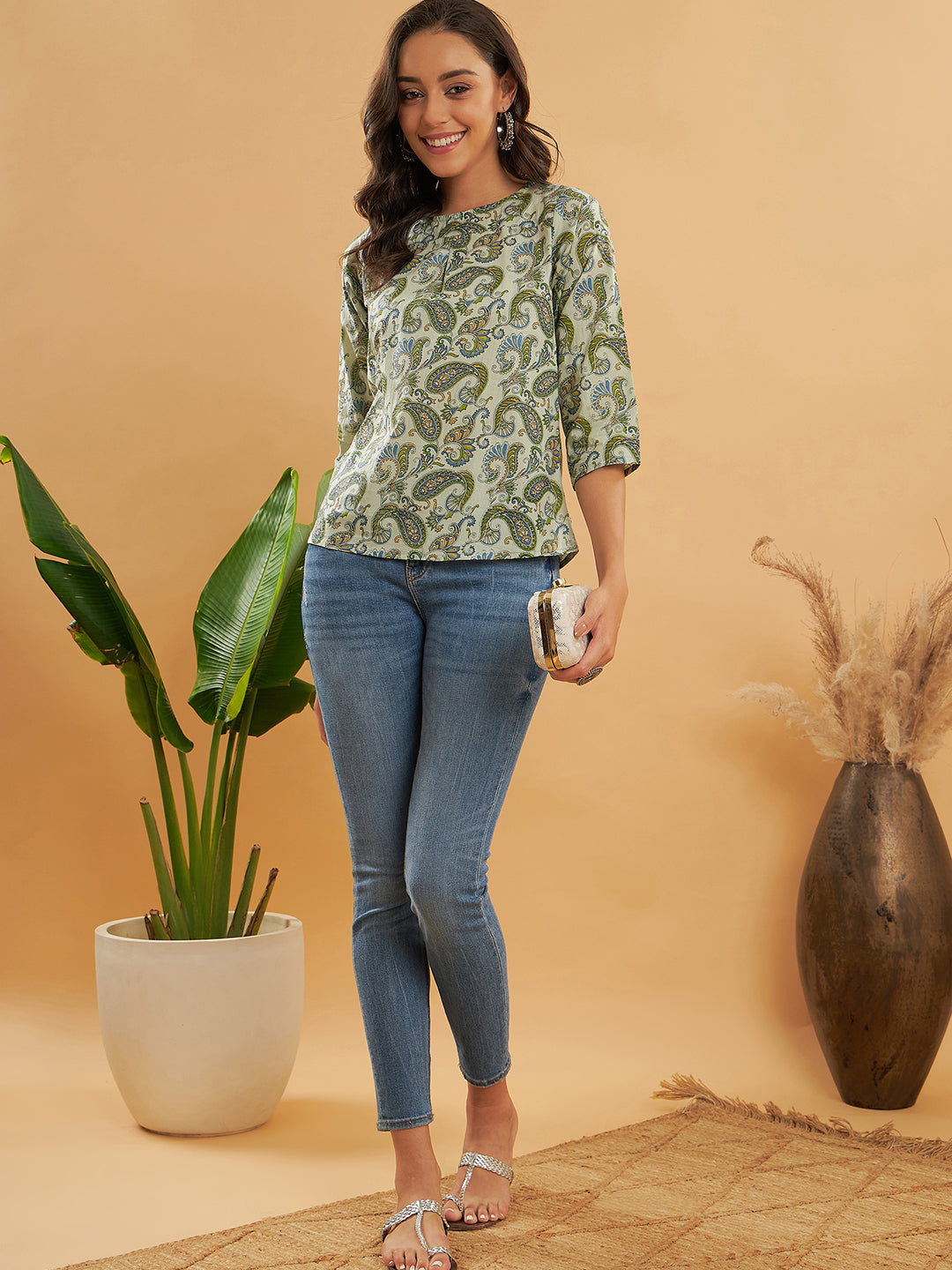 InWeave Women's Sage Green Paisley Print Top - Swadesiicart
