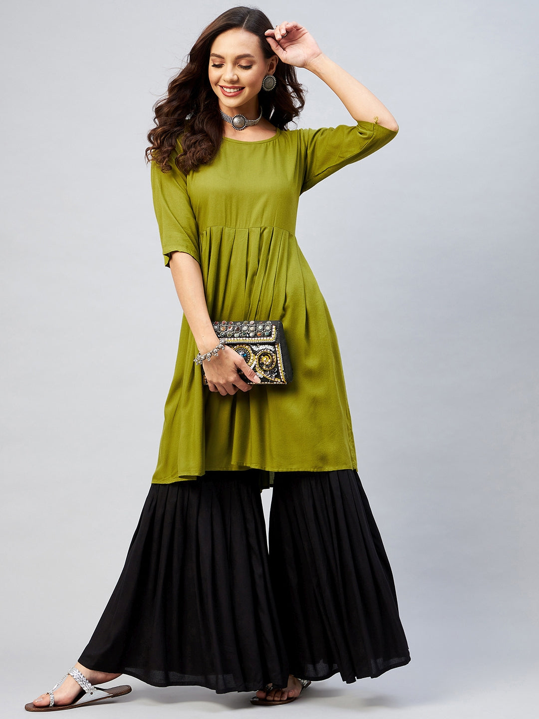 InWeave Women's Olive Short Anarkali Kurta - Swadesiicart