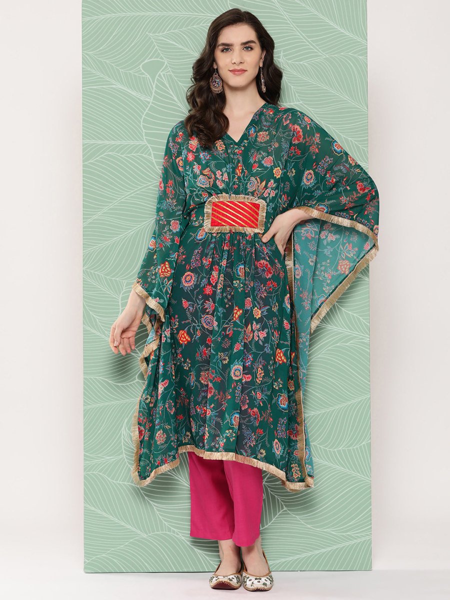 Ahalyaa Women Floral Printed Flared Sleeves Patchwork Georgette Kaftan Kurta | Swadesiicart