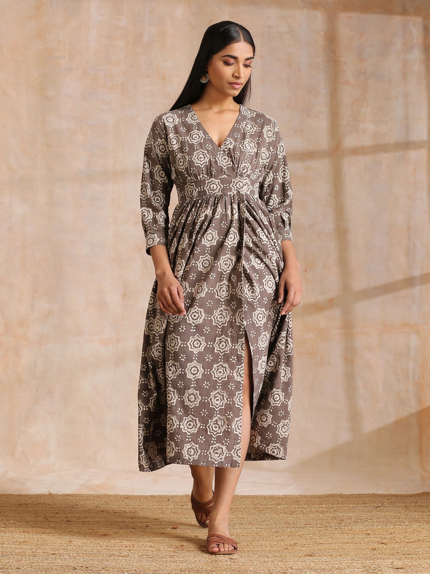 trueBrowns Clay Dabu Overall Print Cotton Wrap Dress | Swadesiicart