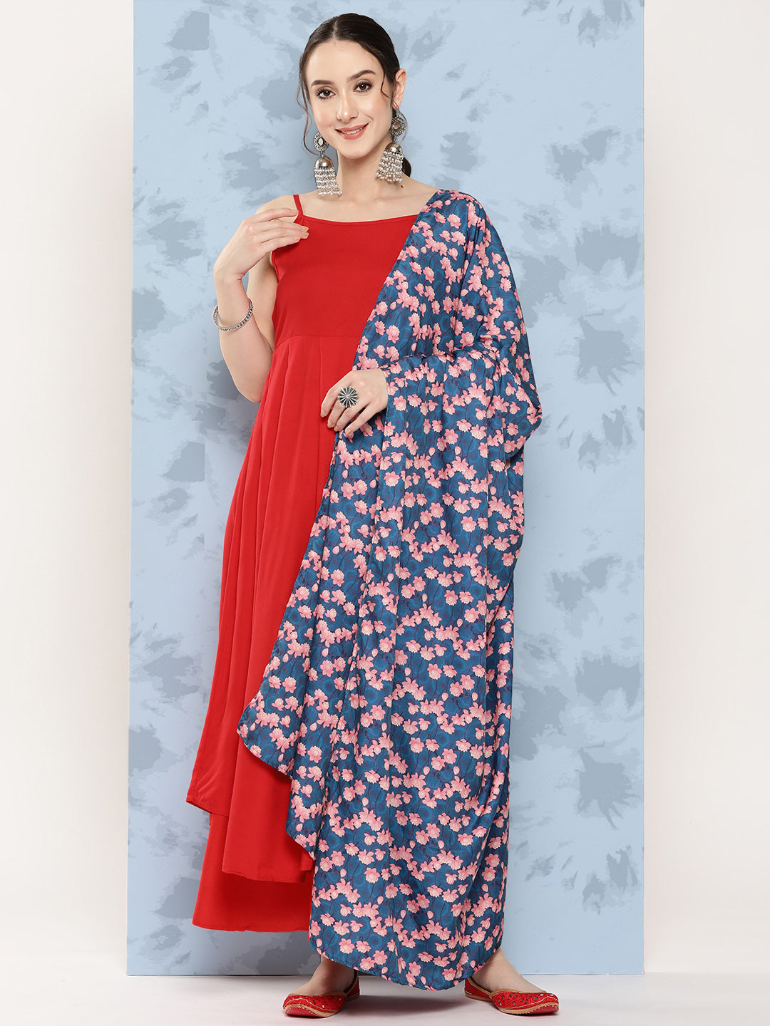 InWeave Women's Red Strappy Set W Navy Pink Lotus Cr Duptta - Swadesiicart