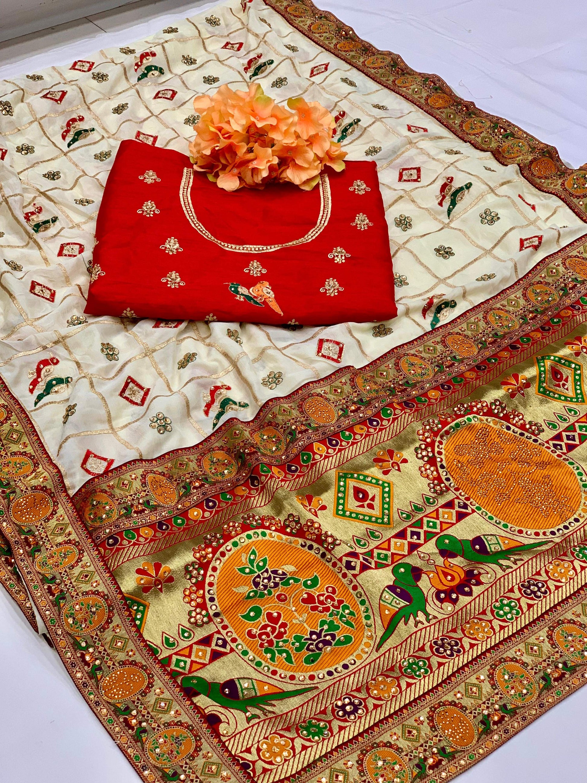 Lorenvalley Fashion Premium White Vichitra Silk Embroidery and Diamond work Both Side Saree - Swadesiicart
