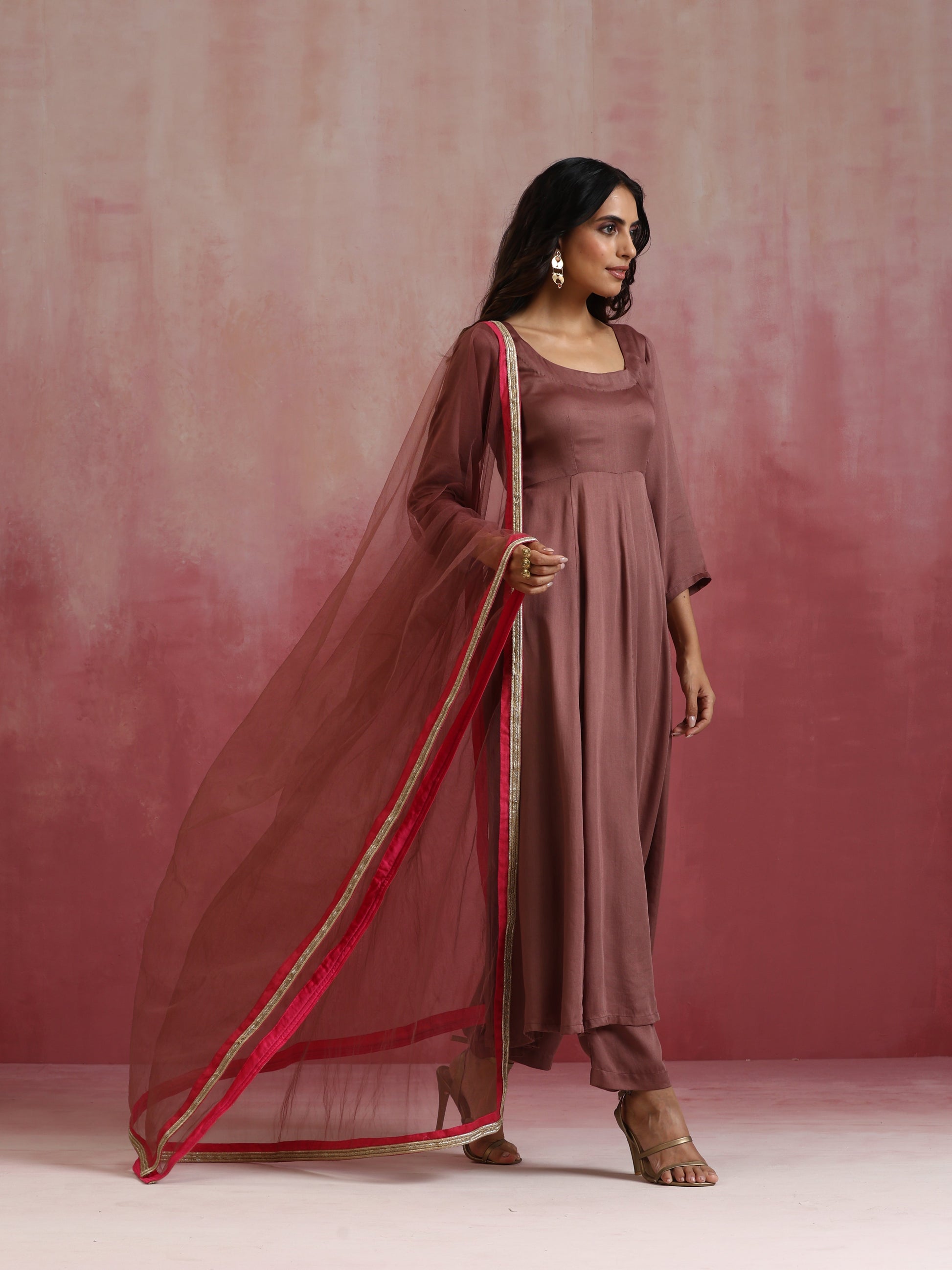 trueBrowns Brown Modal Anarkali Kurta Set | Swadesiicart