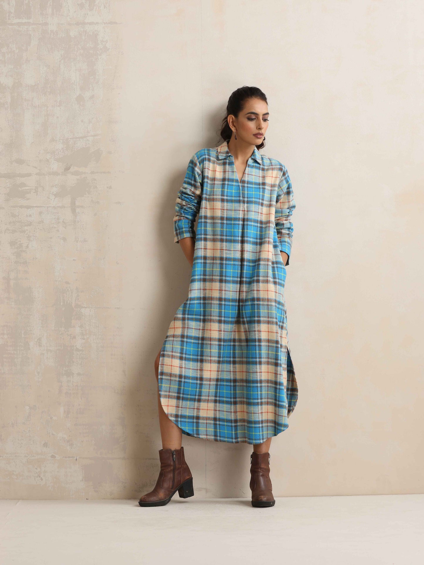 trueBrowns Beige Check Pleated Winter Dress | Swadesiicart