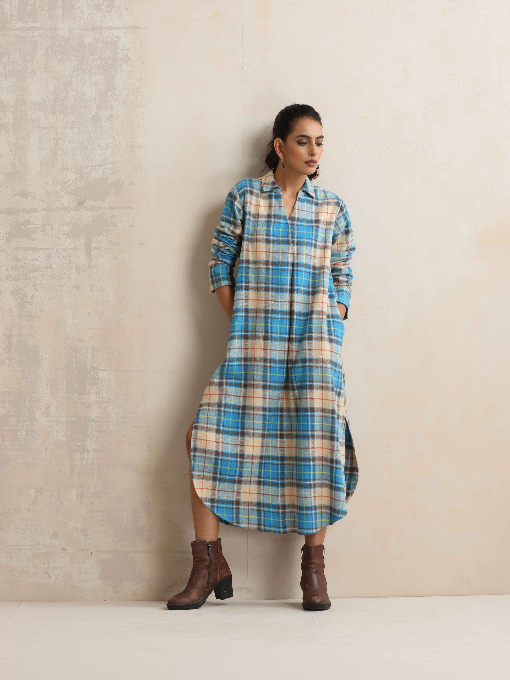 trueBrowns Beige Check Pleated Winter Dress | Swadesiicart