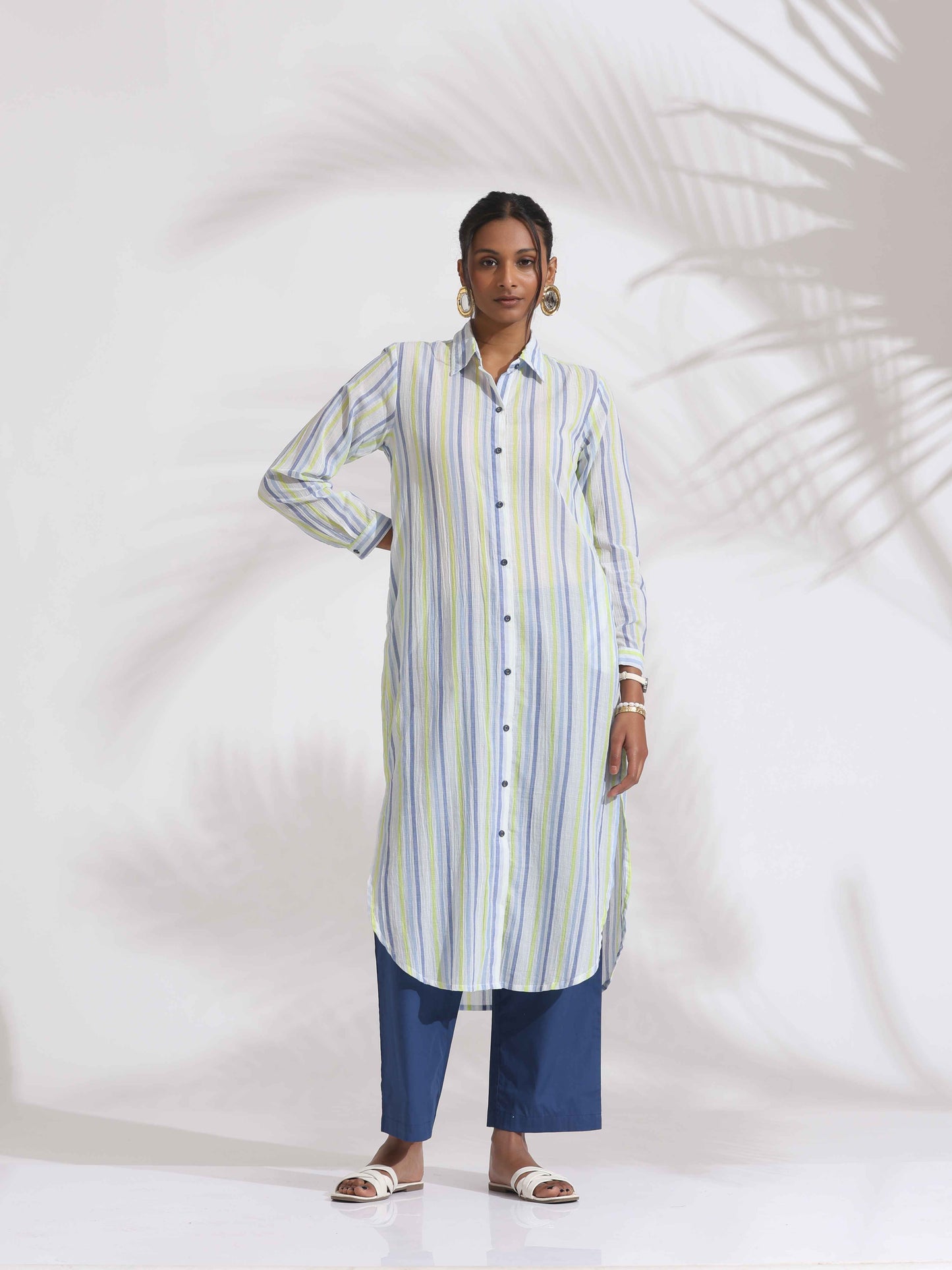 trueBrowns White Cotton Multi Stripe Shirt Kurta Set | Swadesiicart