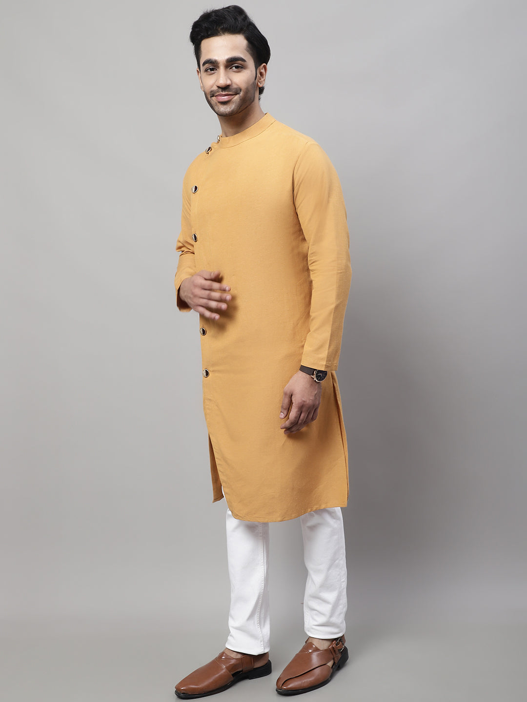 Even Apparels Mustard Sherwani Kurta With Asymetrical Cut | Swadesiicart