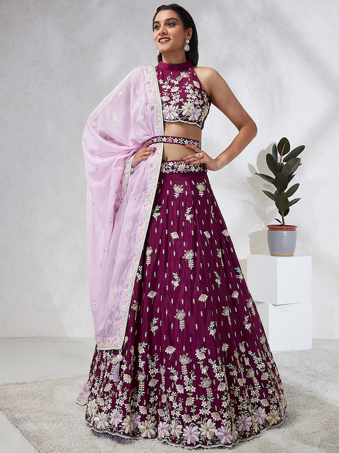 House of Panchhi Burgundy Pure Georgette Sequins And Thread Embroidery Lehenga Choli & Dupatta | Swadesiicart