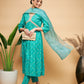InWeave Women's Aqua S Print Alia Cut Gota Work Kurta Set W Aqua Le Du - Swadesiicart
