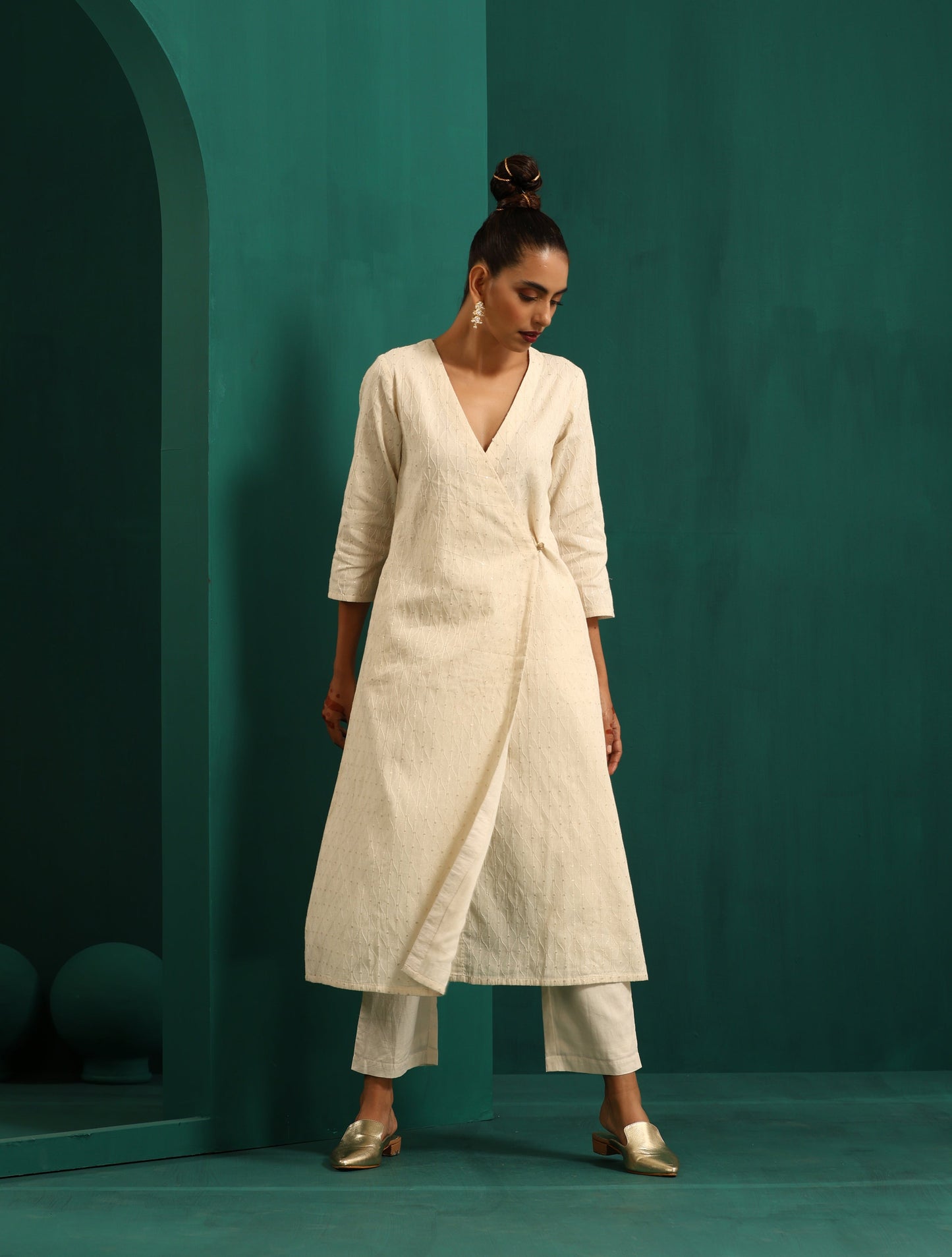 trueBrowns Ivory Tonal Cotton Angrakha Kurta Pant Set | Swadesiicart