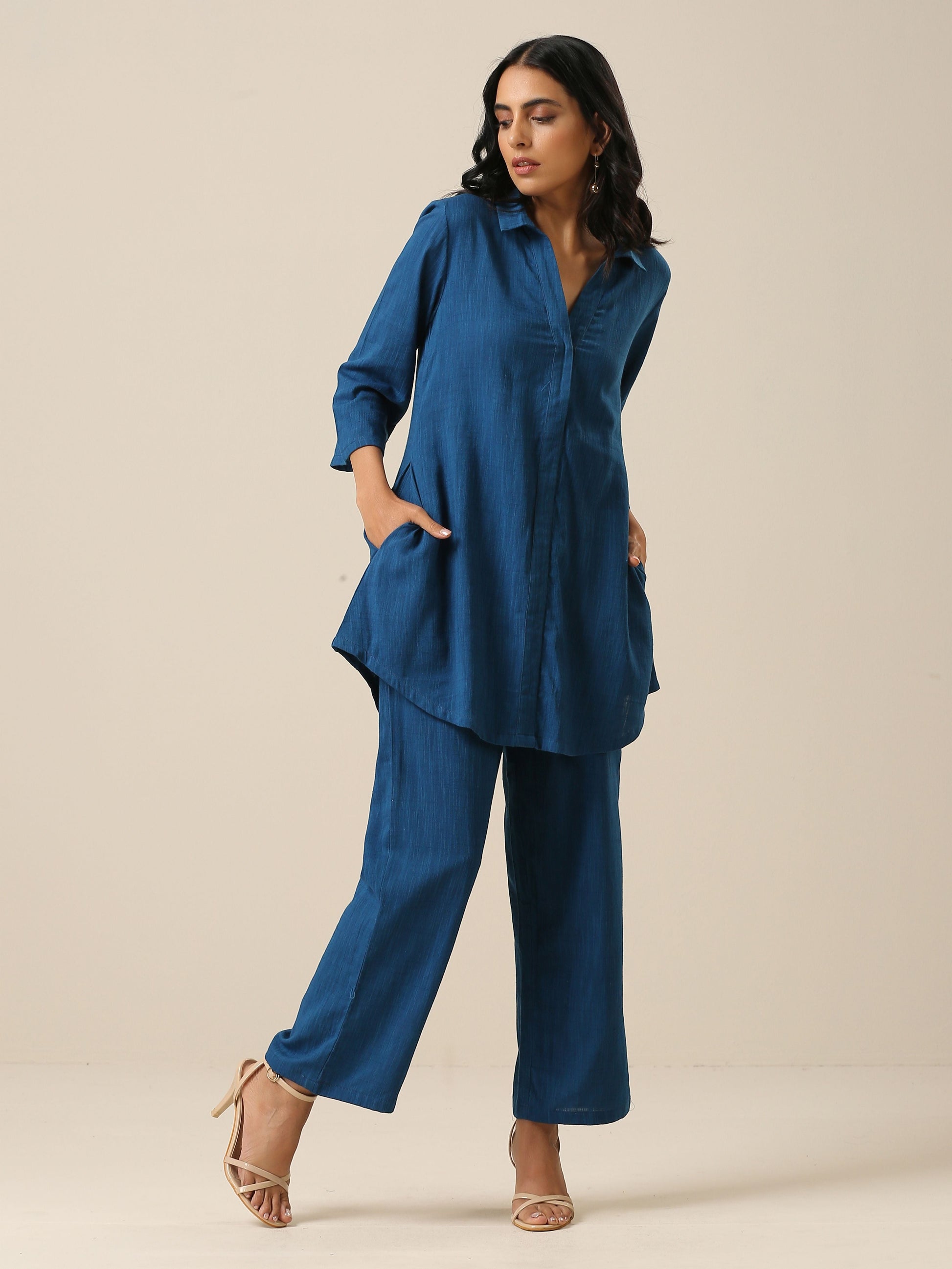 trueBrowns Classic Blue Slub Texture Collar Short Co-Ord Set - Swadesiicart