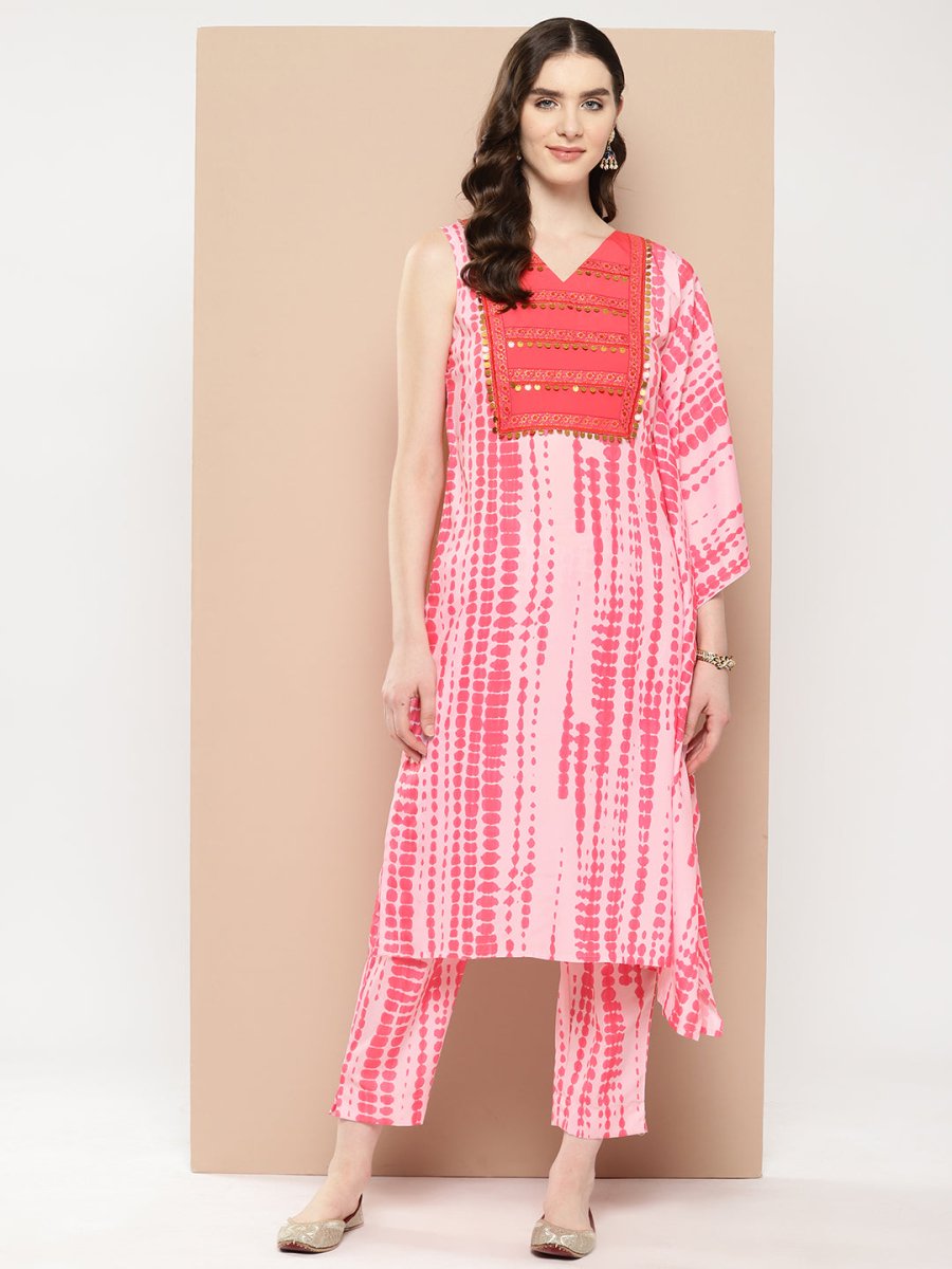 Ahalyaa Printed One-Shoulder Flared Sleeve Sequinned Kurta with Trousers | Swadesiicart