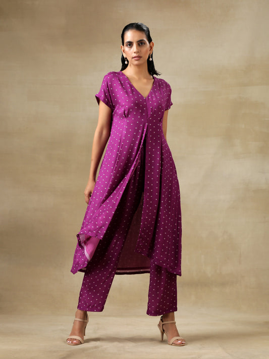 trueBrowns Purple Bandhani Printed Silk Drop Shoulder Kurta Pant Set | Swadesiicart