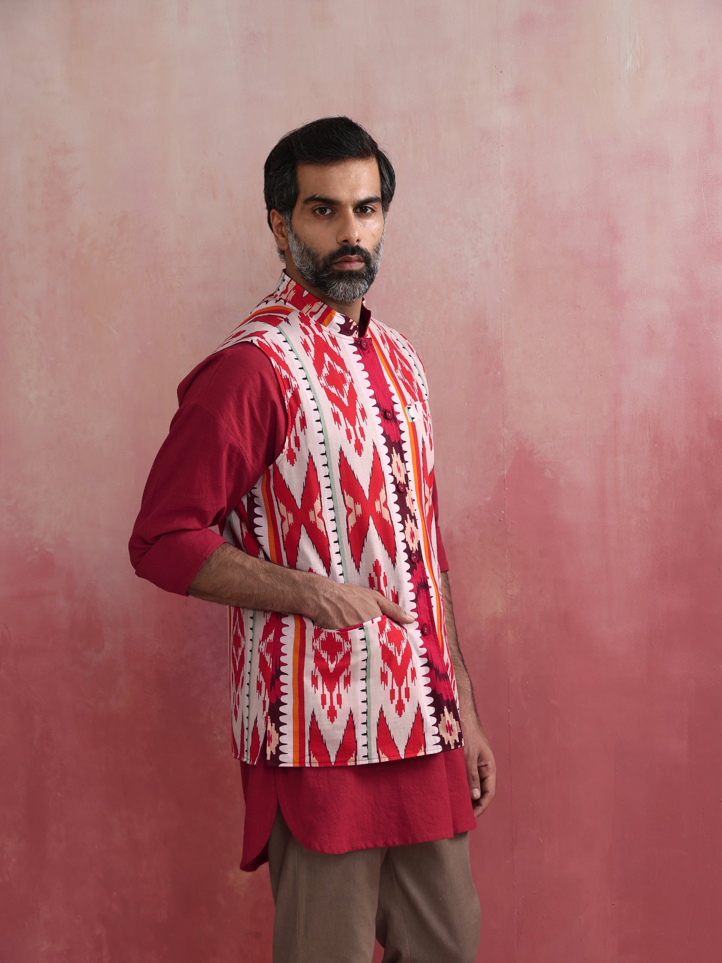 trueBrowns Men's Maroon Ikat Print Cotton Reversible Nehru Jacket | Swadesiicart