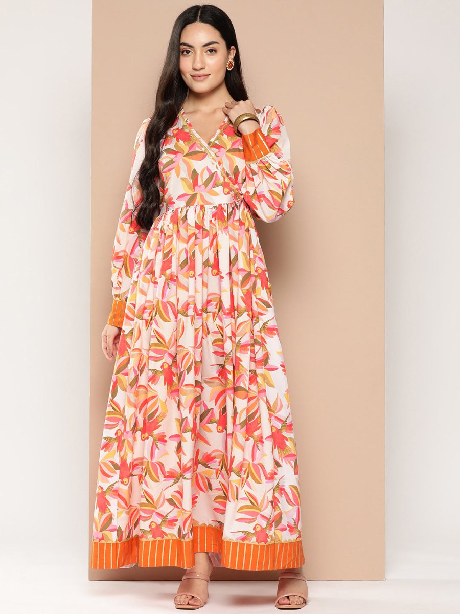 Ahalyaa Floral Printed Tie-Ups Crepe Empire Ethnic Dress | Swadesiicart