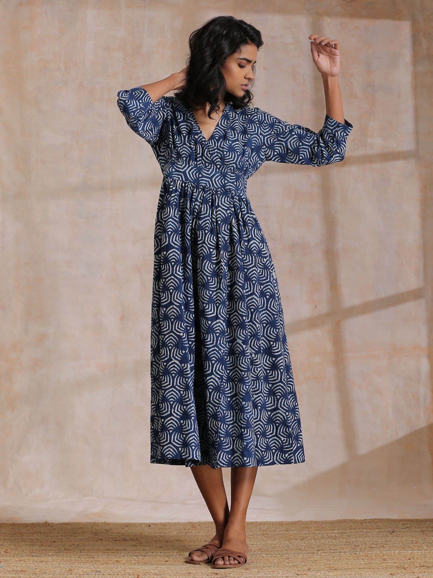 trueBrowns Indigo Dabu Overall Print Cotton Wrap Dress | Swadesiicart