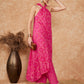 InWeave Women's Fuchsia S Print Twisted Neckline Kurta Pant Set - Swadesiicart