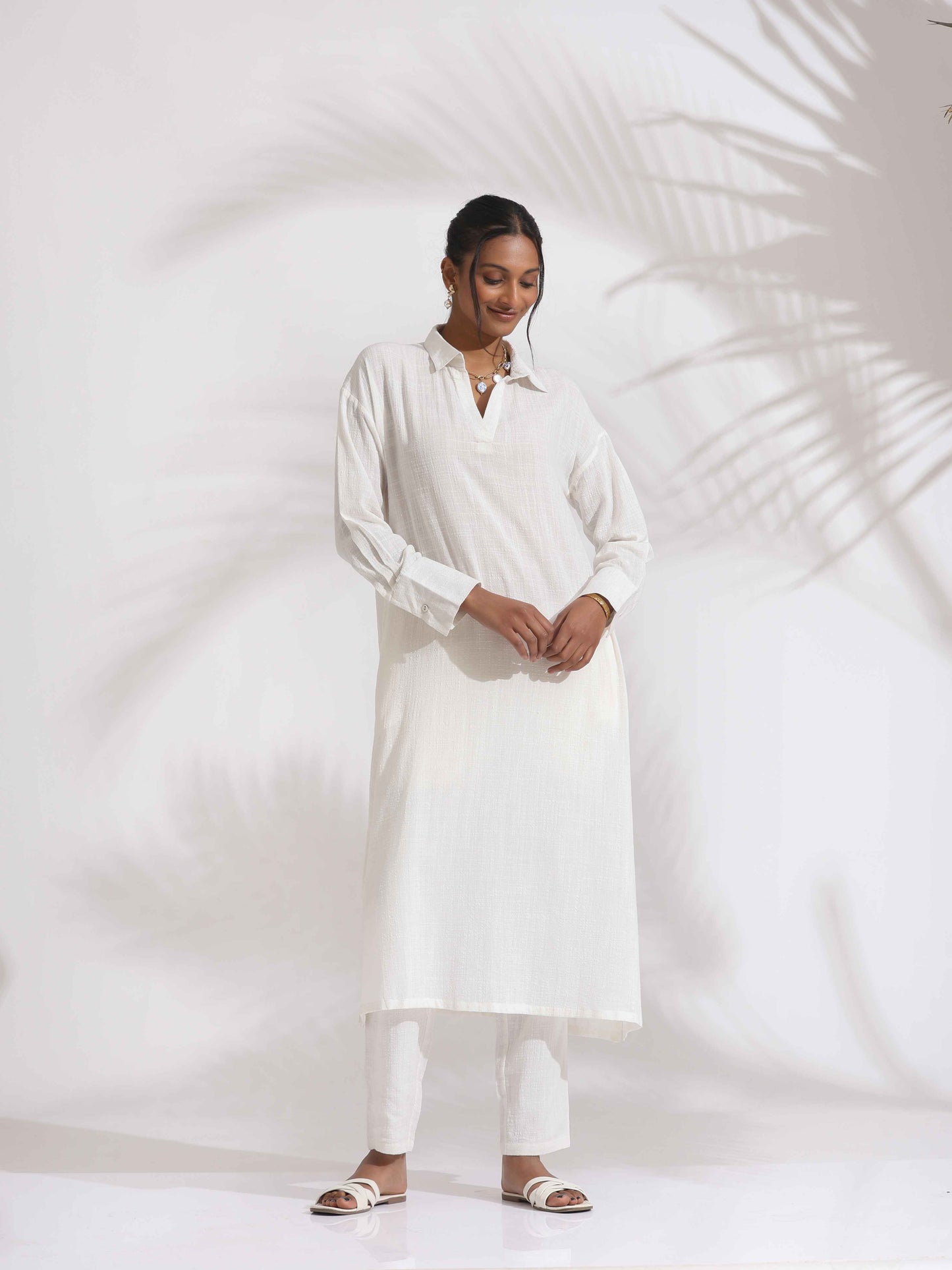 trueBrowns White Cotton A-line Kurta Set | Swadesiicart