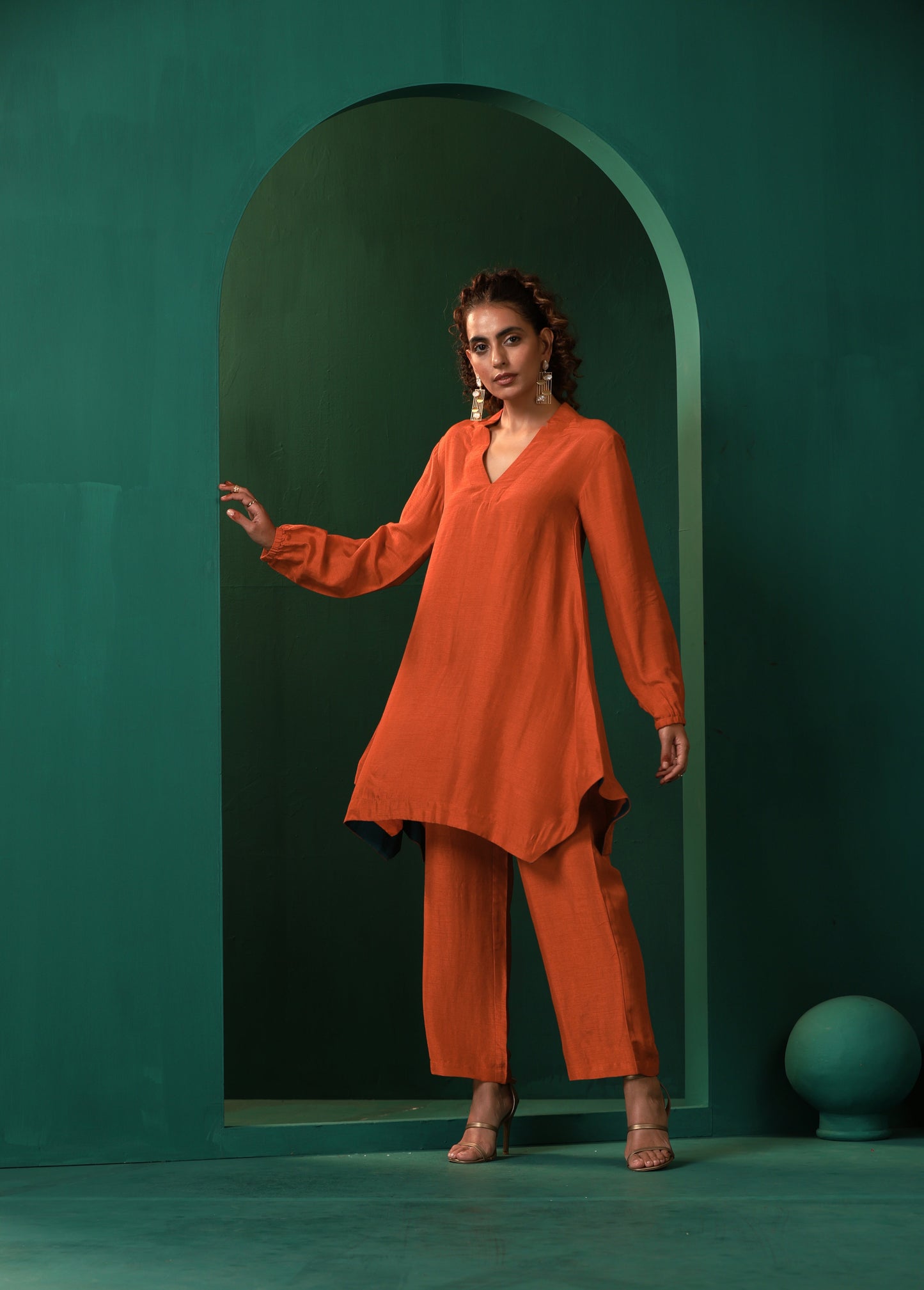 trueBrowns Rust Silk Collar Co-ord Set - Swadesiicart