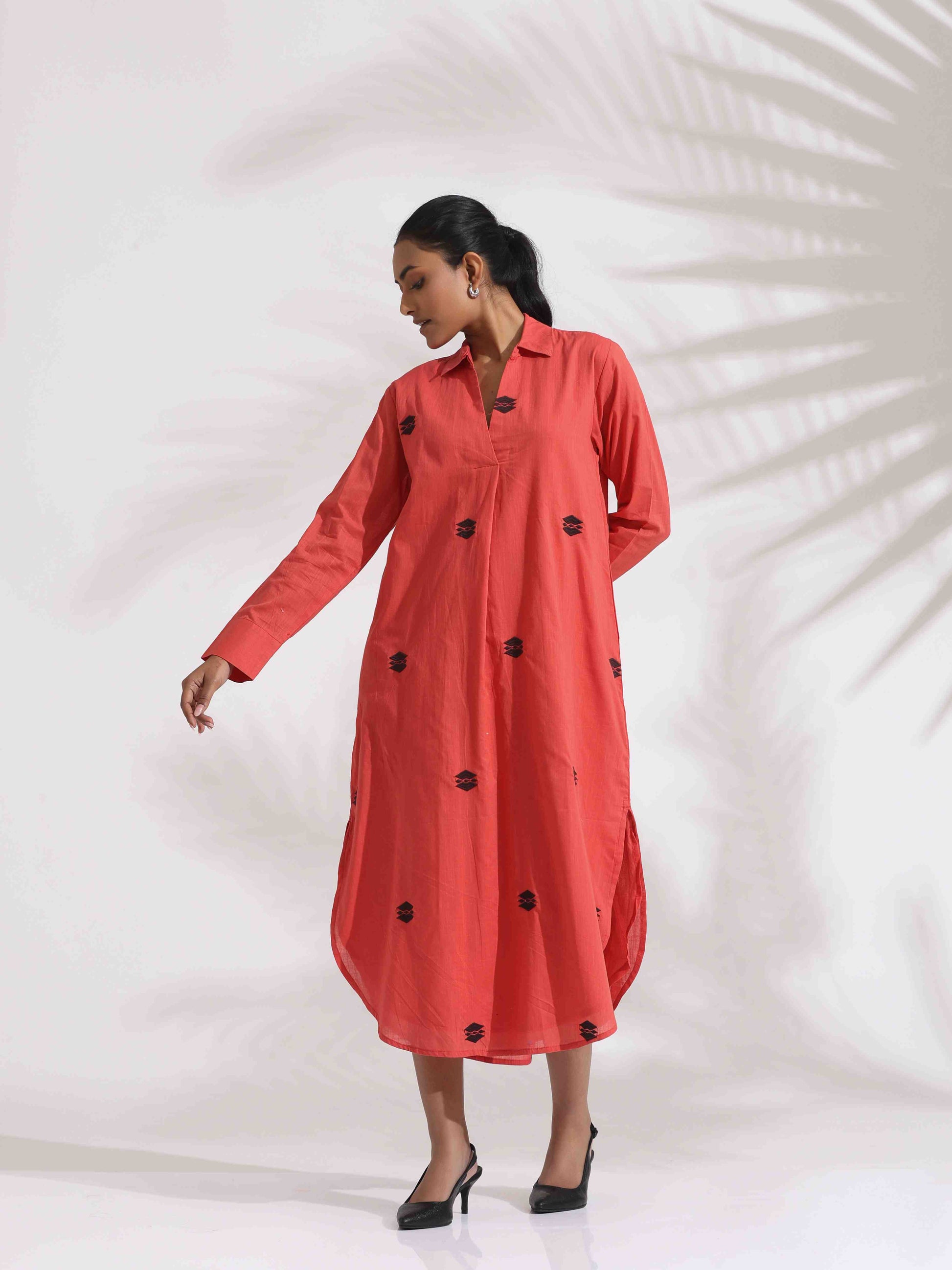 trueBrowns Orange Cotton Embroidered Flared Dress | Swadesiicart