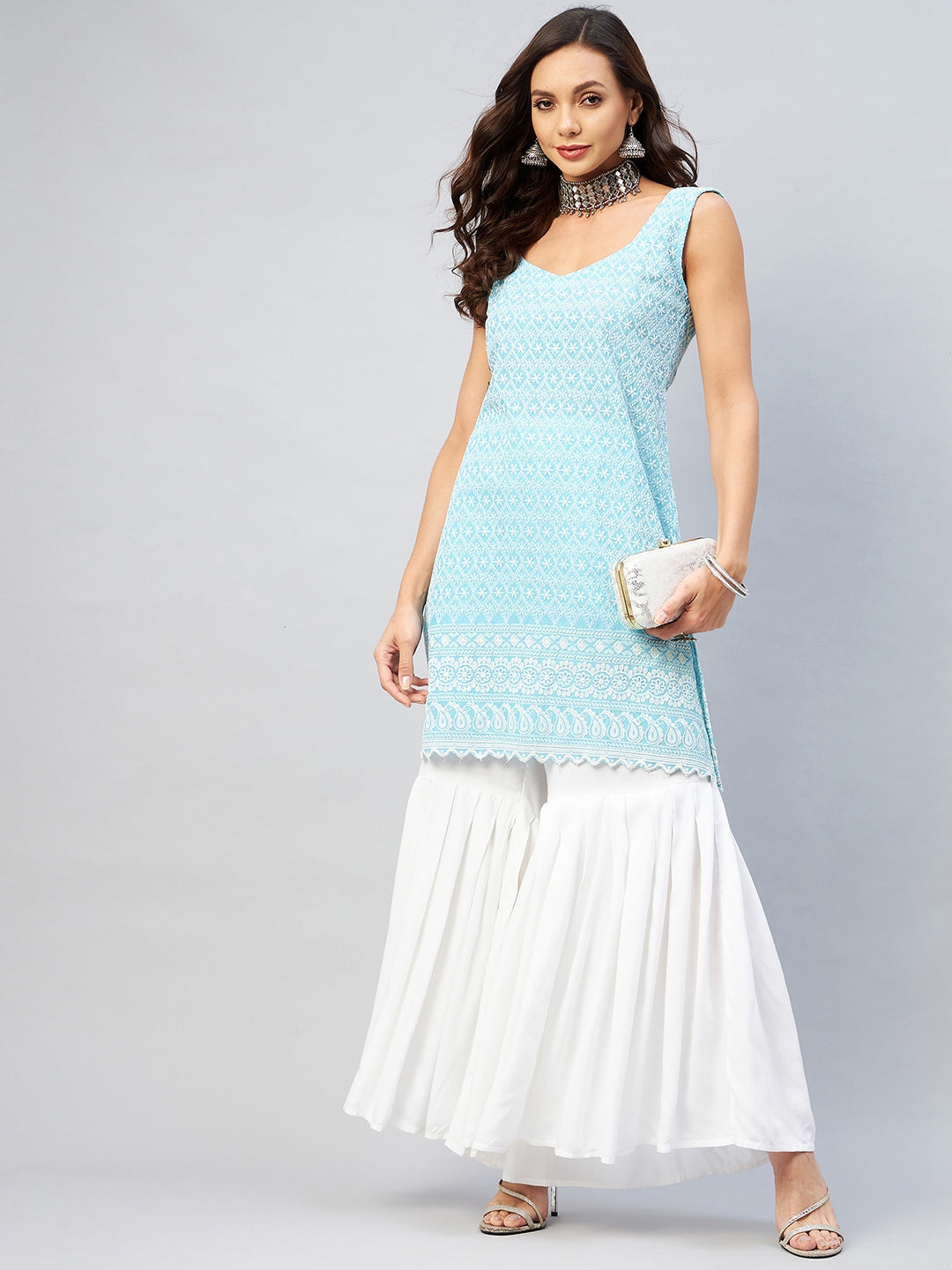 InWeave Women's Sky Blue Sweetheart Neckline Kurta - Swadesiicart
