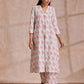 trueBrowns Pink Green Buta On White Block Print Cotton Slit Kurta Pant Set | Swadesiicart