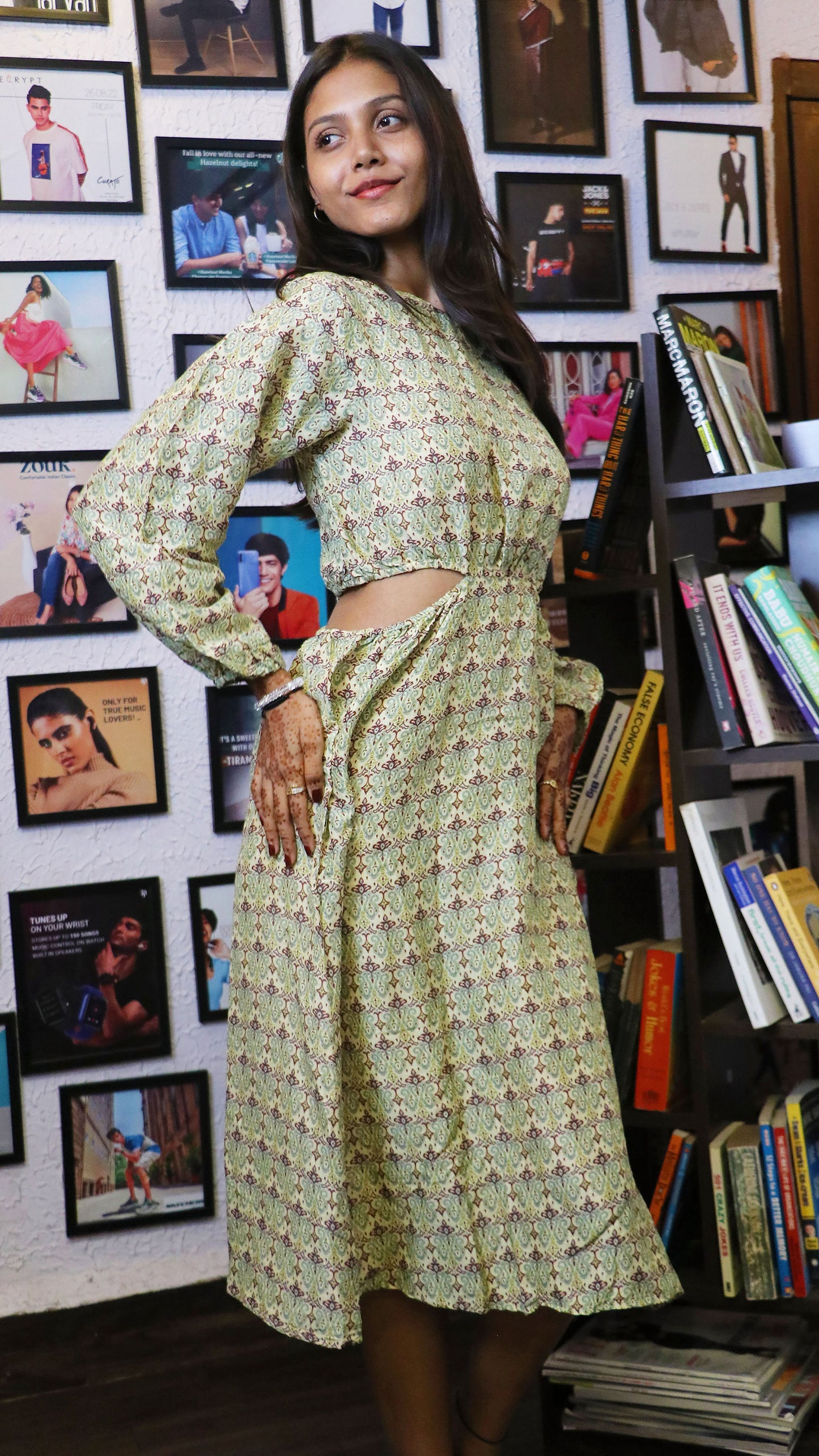 Noroke Sustainable fabric | Mushroom Ikat Cut-out Midi Dress - Printed | Swadesiicart