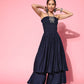 InWeave Women's Navy Blue Mirror Work Off Shoulder Kurta Set - Swadesiicart
