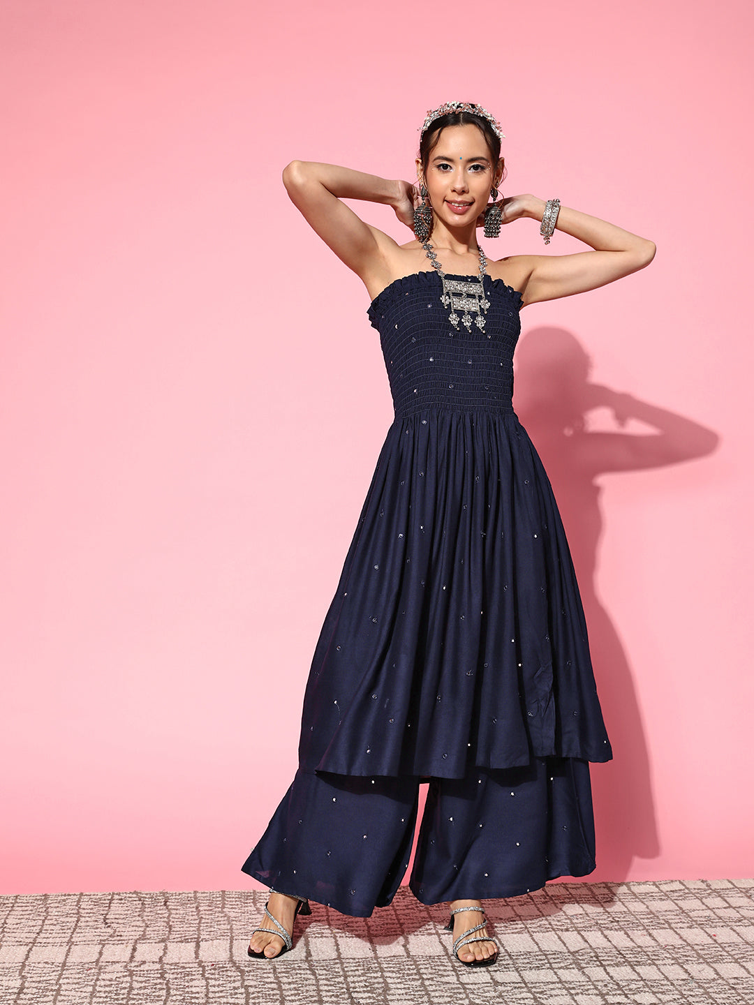 InWeave Women's Navy Blue Mirror Work Off Shoulder Kurta Set - Swadesiicart