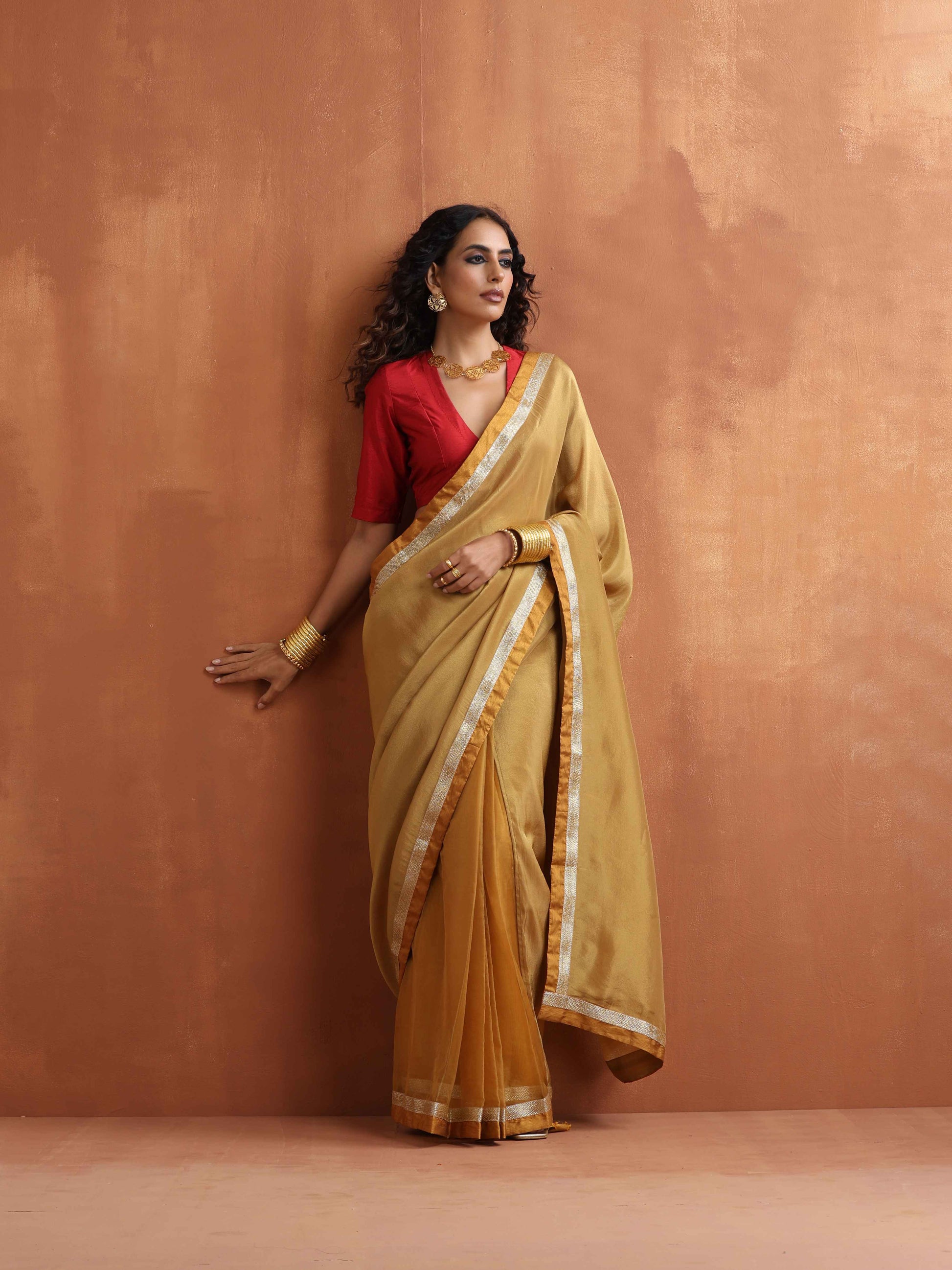 trueBrowns Gold Tissue Ready To Wear Saree | Swadesiicart
