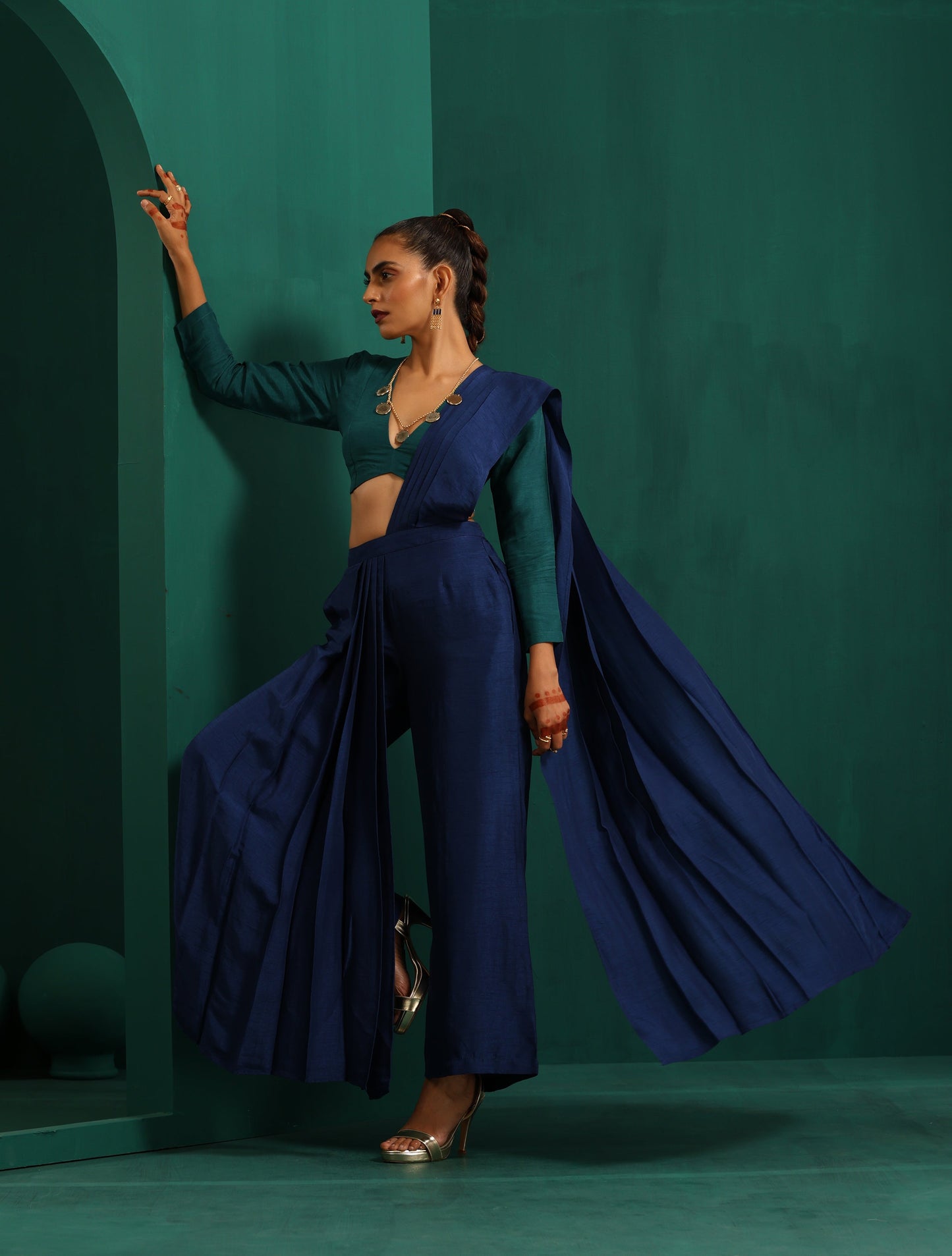 trueBrowns Blue Silk Palazzo Stitched Saree | Swadesiicart