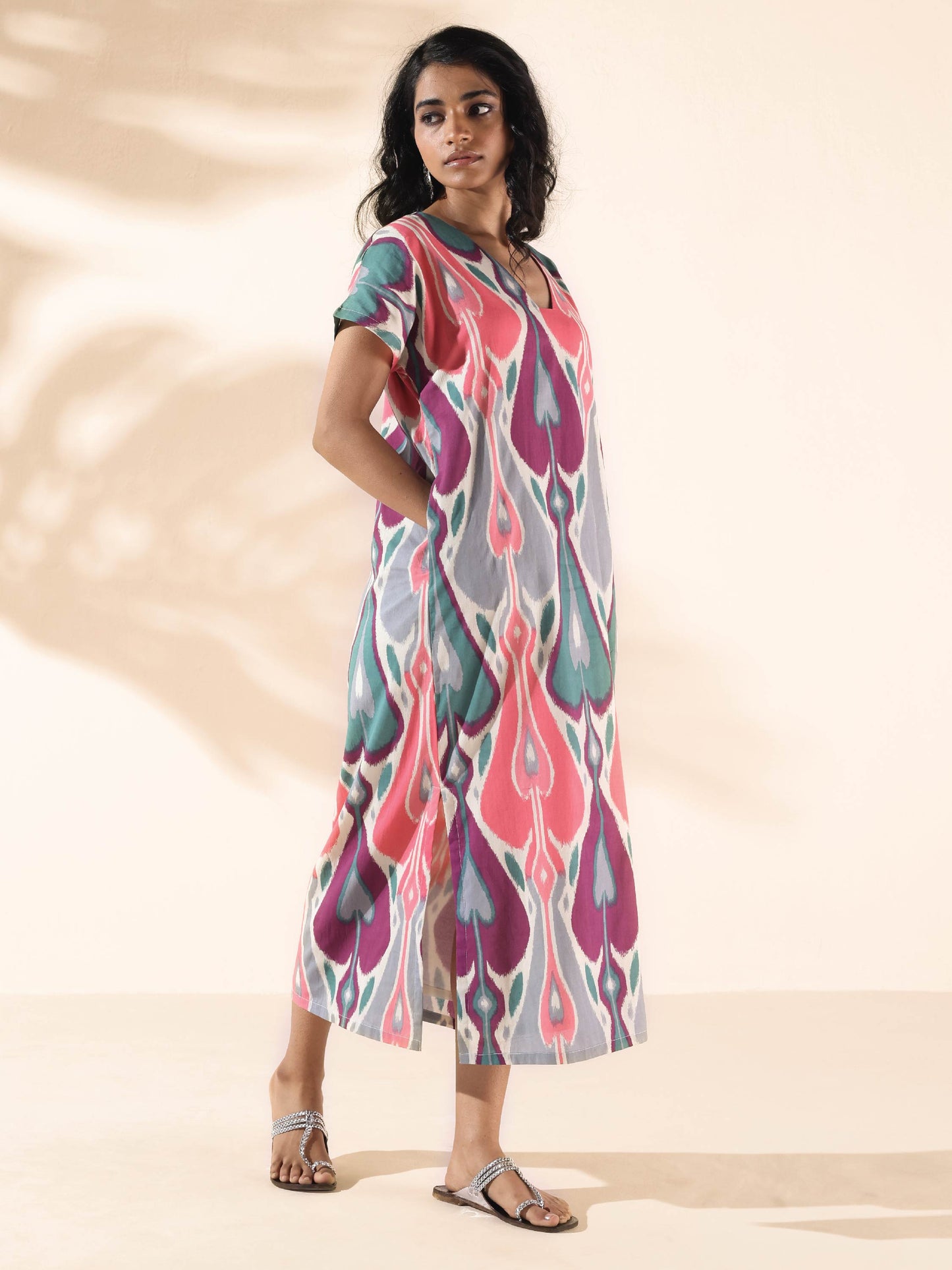 trueBrowns Green Cotton Ikat Slit Dress | Swadesiicart