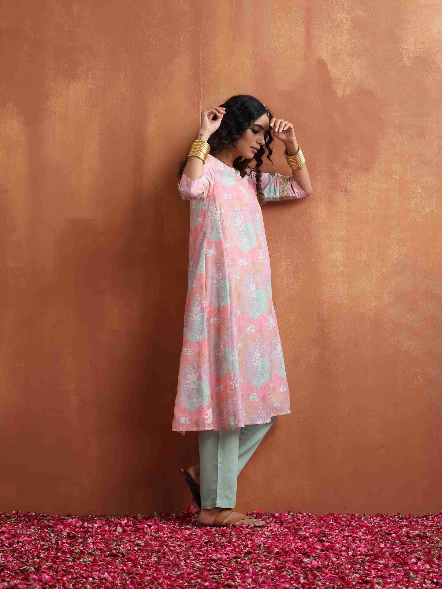 trueBrowns Beige Palm Print A-line Kurta Set | Swadesiicart