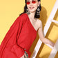 InWeave Women's Red Mirror Work One Shoulder Kurta Set - Swadesiicart
