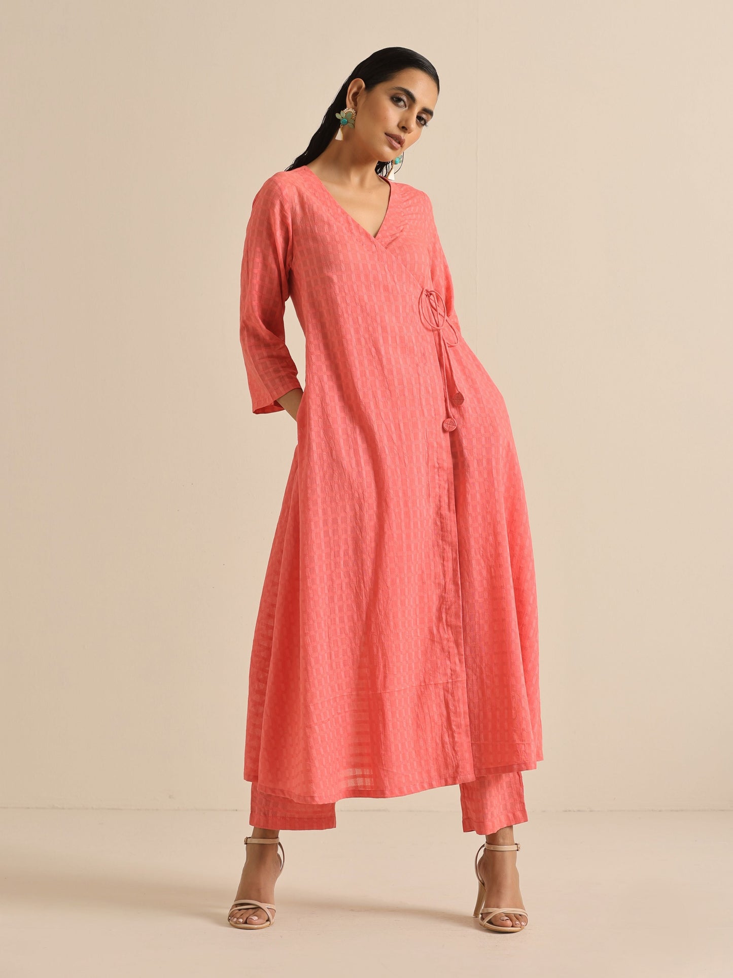 trueBrowns Bright Pink Dobby Angrakha Kurta Pant Set | Swadesiicart