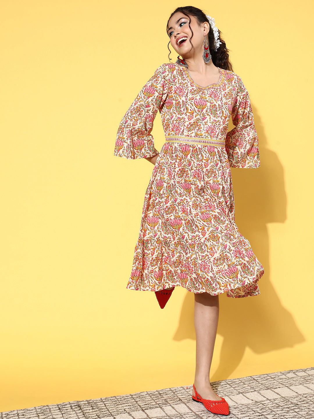 InWeave Women's Pink Boota Print Belted Dress - Swadesiicart