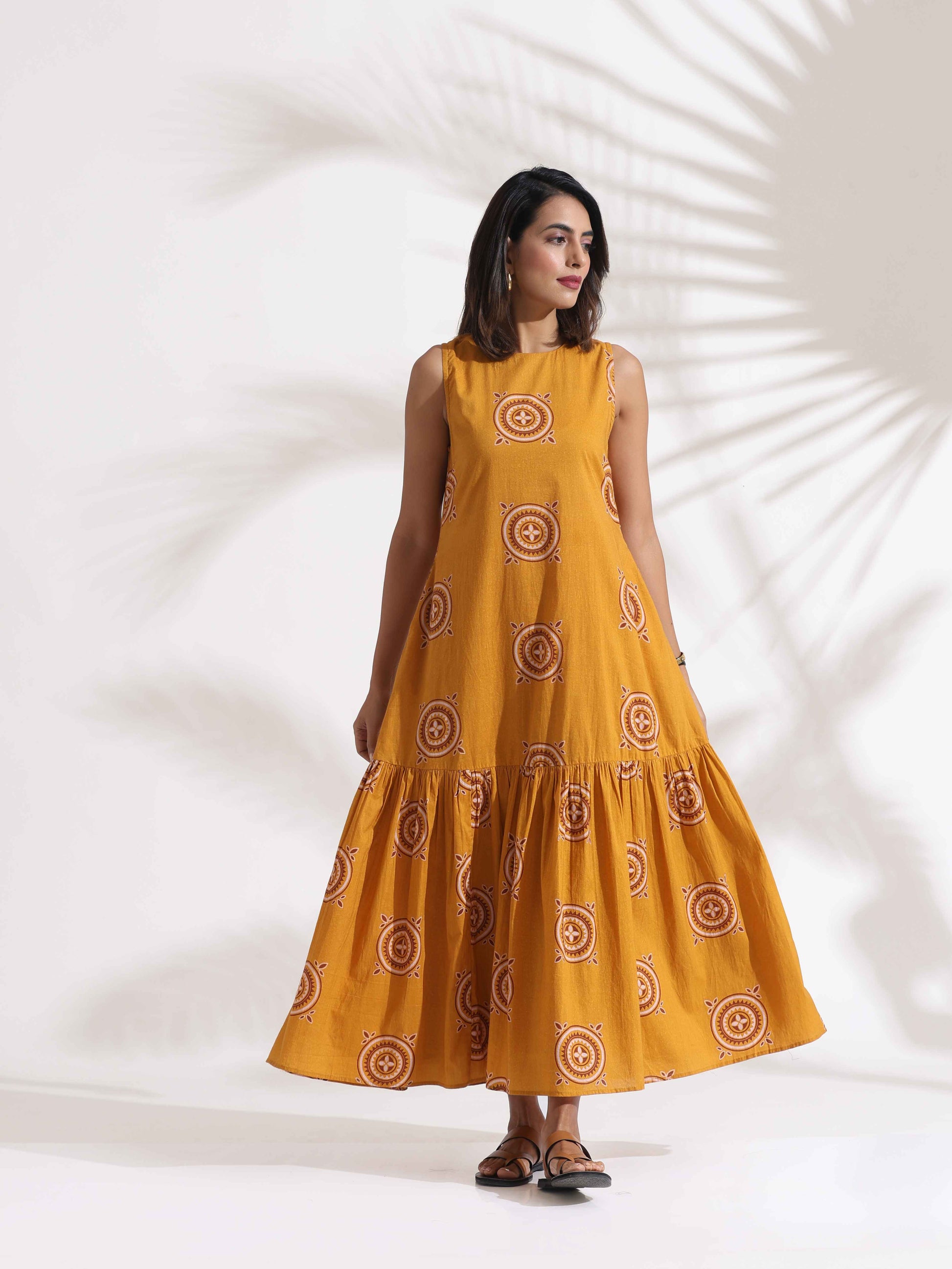 trueBrowns Mustard Cotton Print Tier Dress | Swadesiicart