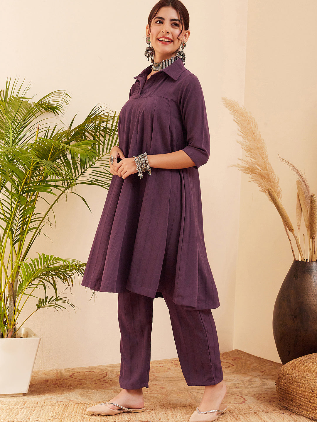 InWeave Women's Graphite Grey Collared Neck Flared Kurta Pant Set - Swadesiicart