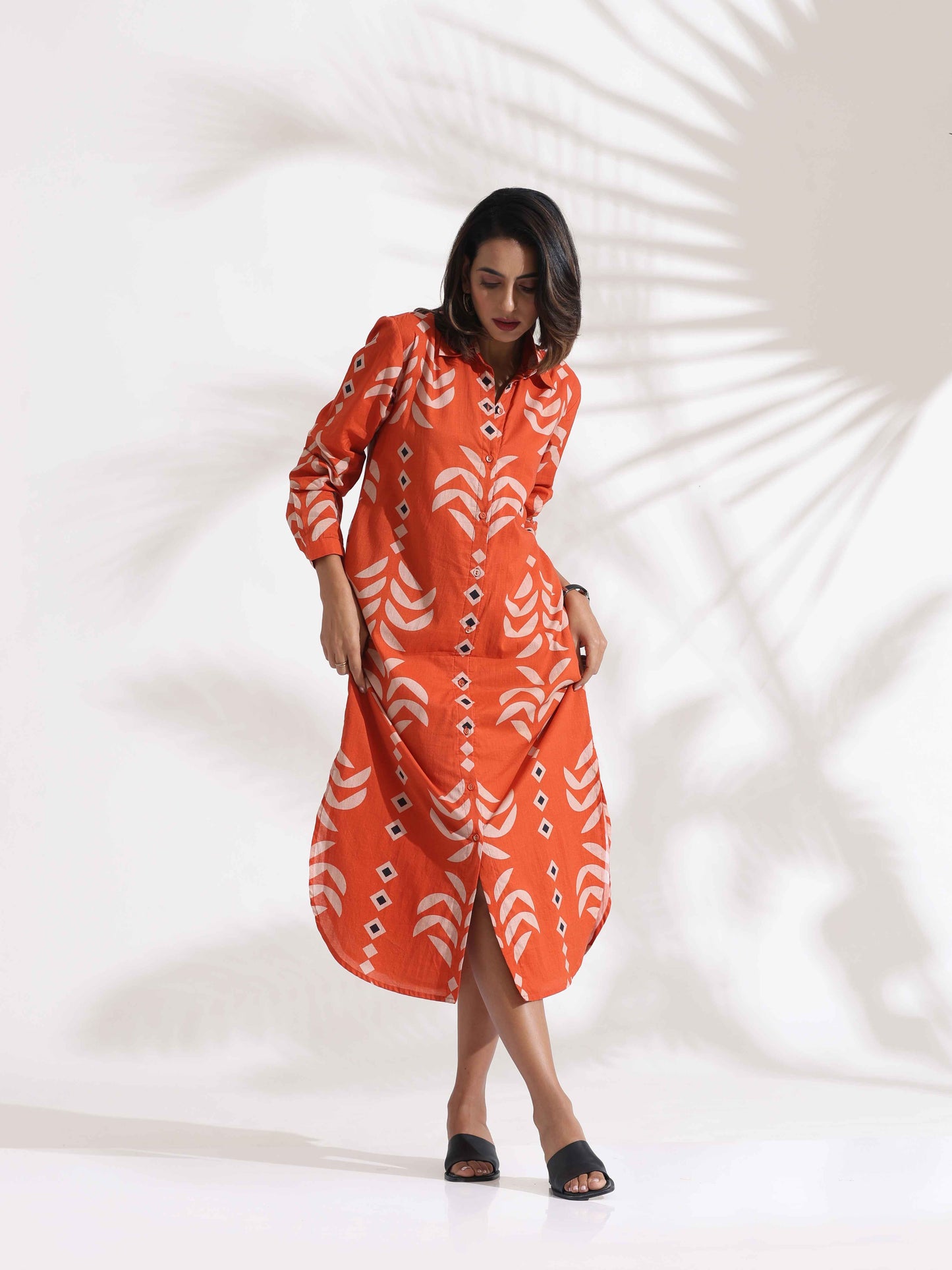 trueBrowns Orange Cotton Print Shirt Dress | Swadesiicart