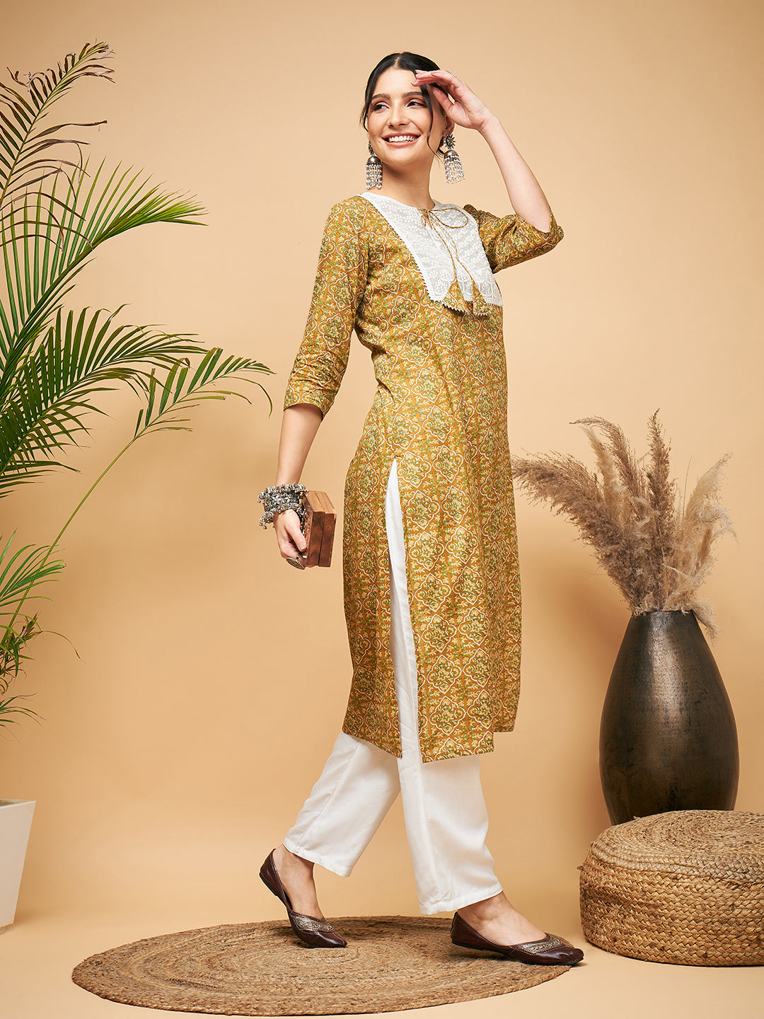 InWeave Women's Olive Ajrakh Print Cotton Patch Work Straight Kurta Pant Set - Swadesiicart