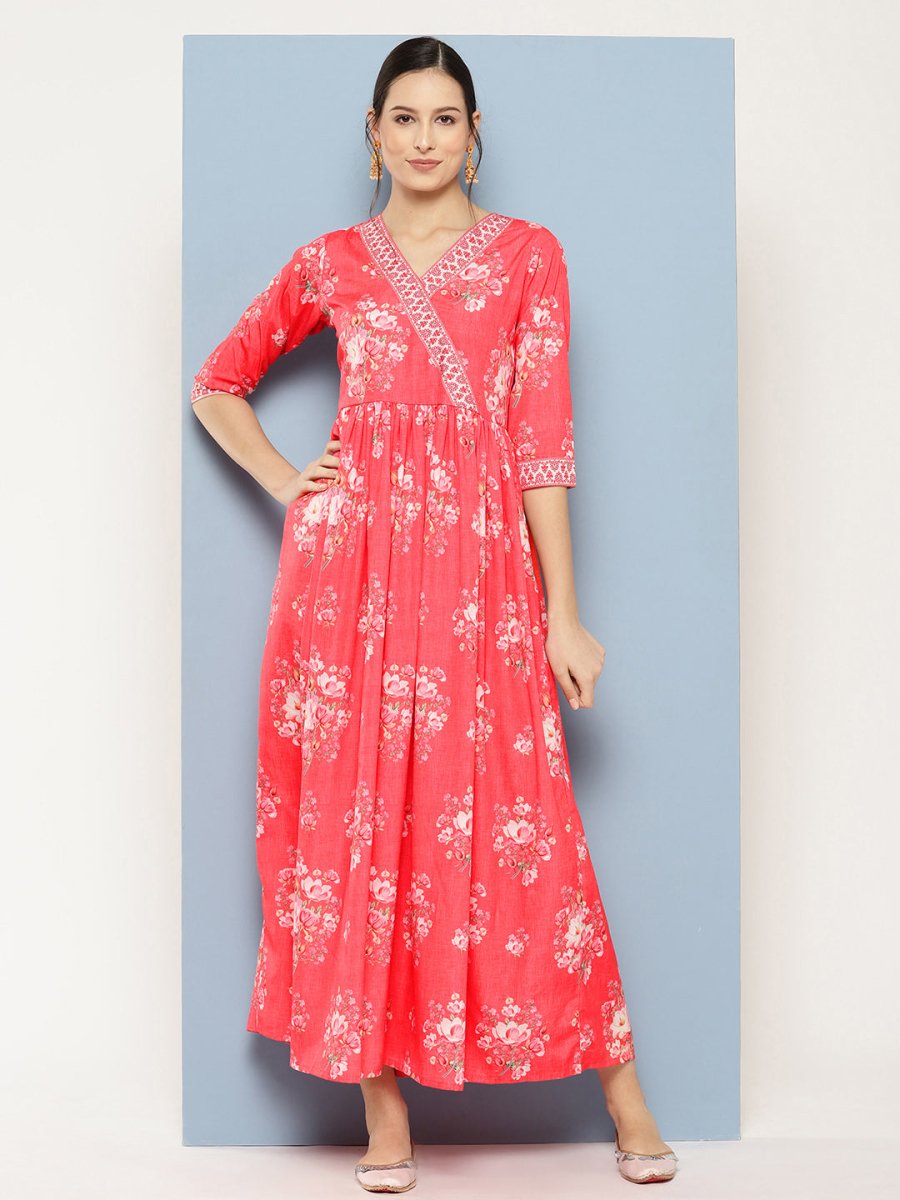 Ahalyaa Floral Printed Pleated Maxi Empire Ethnic Dress | Swadesiicart