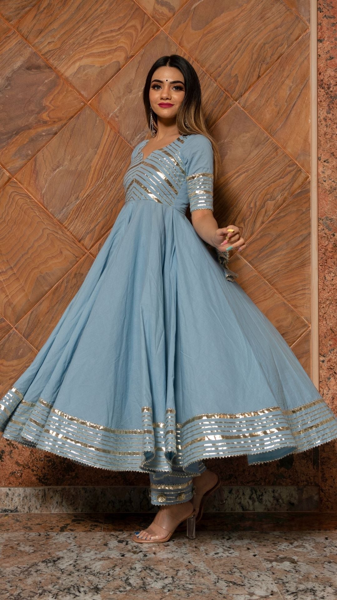 Pomcha Jaipur Powder Blue Pure Cotton Anarkali Set | Swadesiicart