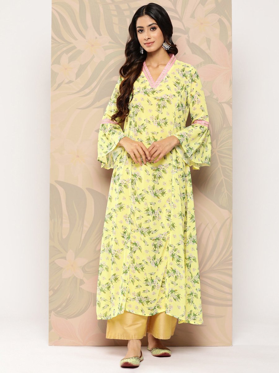 Ahalyaa Floral Printed Bell Sleeves Gotta Patti Georgette Kurta | Swadesiicart