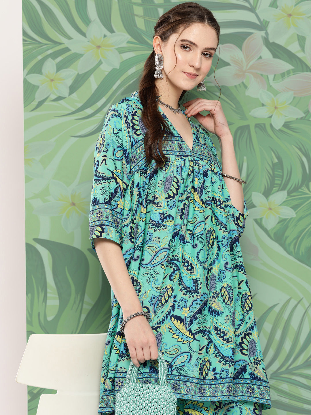 InWeave Women's Turquoise Blue Camelia Printed Ethnic Kurta Set - Swadesiicart