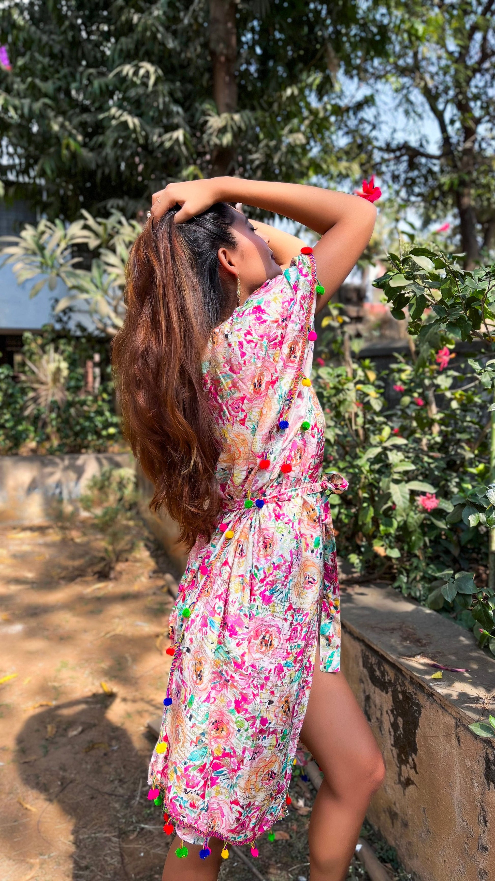 Noroke Cupro Muslin Gold Pink Beachwear Cover up Kaftan | Swadesiicart