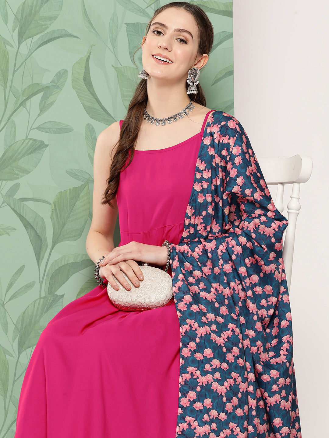 InWeave Women's Fuchsia Strappy Set W Navy Pink Lotus Cr Duptta - Swadesiicart