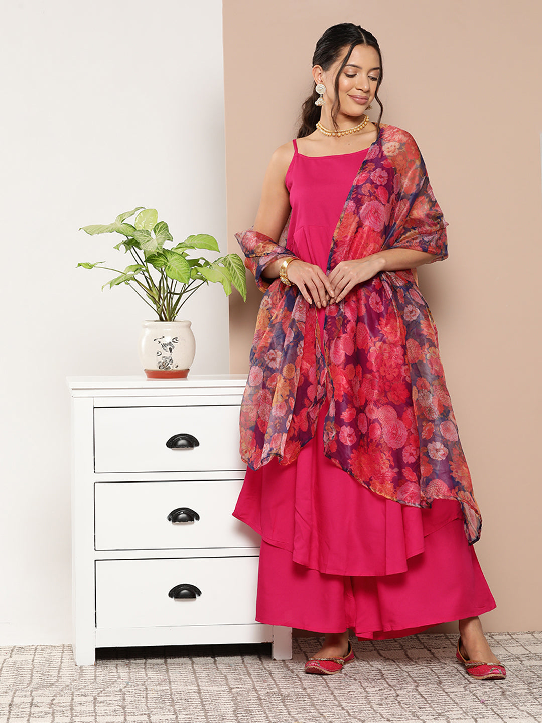 InWeave Women's Fuchsia Strappy Set With Navy Floral Organza Dupatta - Swadesiicart