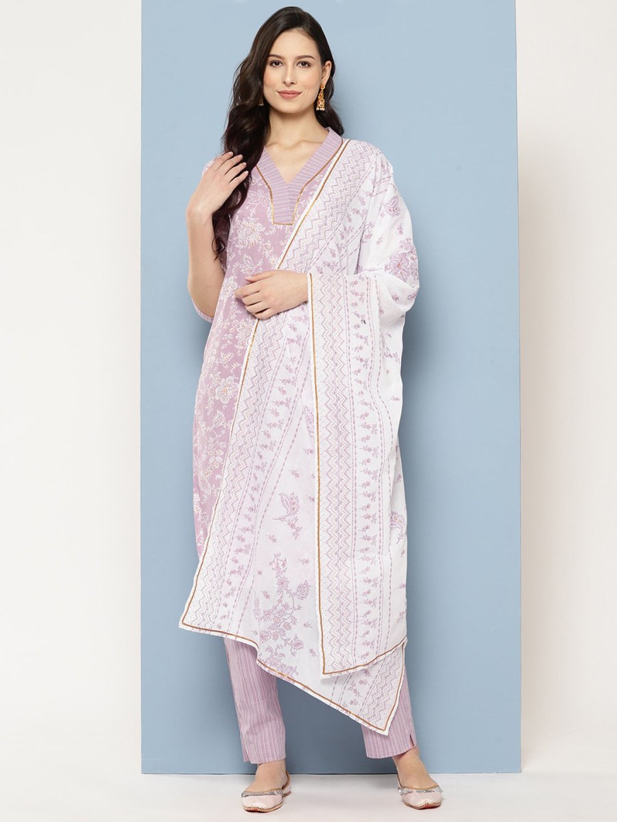 Ahalyaa Women Floral Printed Gotta Patti Pure Cotton Kurta with Trousers & With Dupatta | Swadesiicart