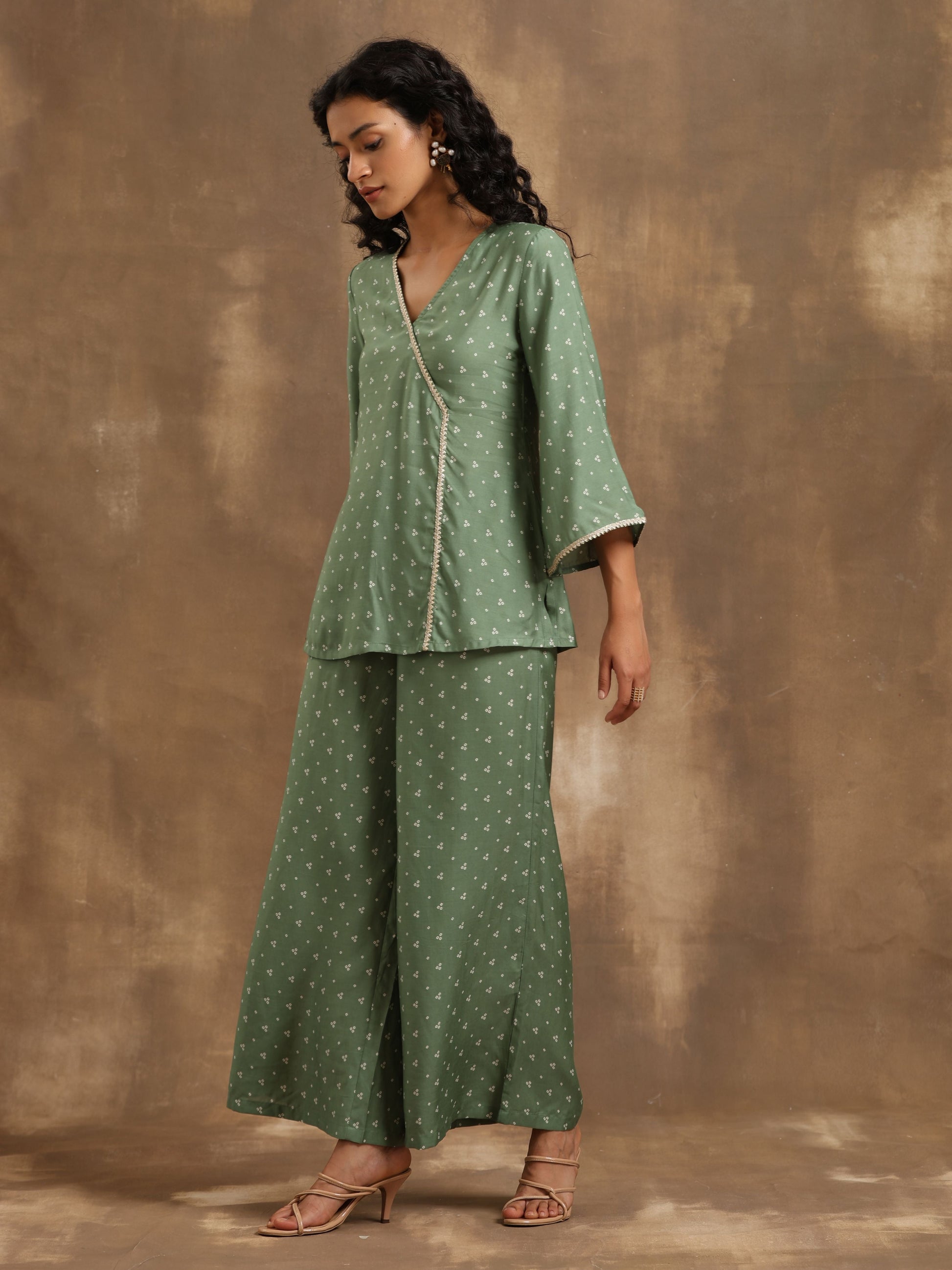 trueBrowns Light Green Bandhani Printed Silk Co-Ord Set - Swadesiicart