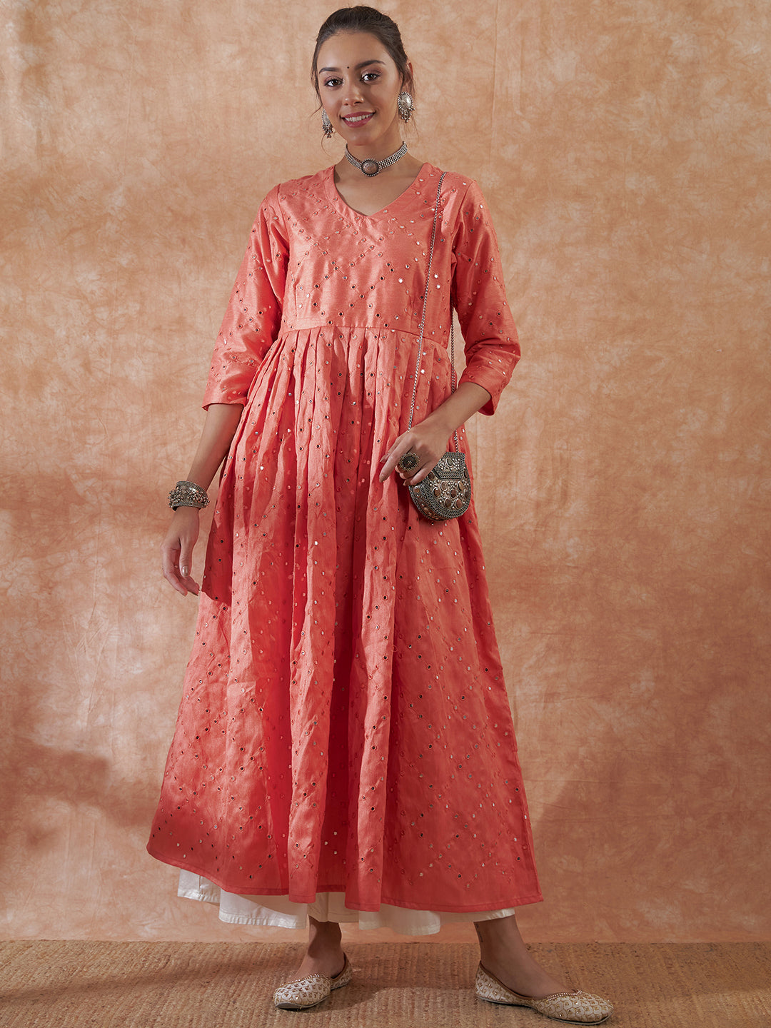 InWeave Women's Peach Mirror Work Long Anarkali Kurta - Swadesiicart